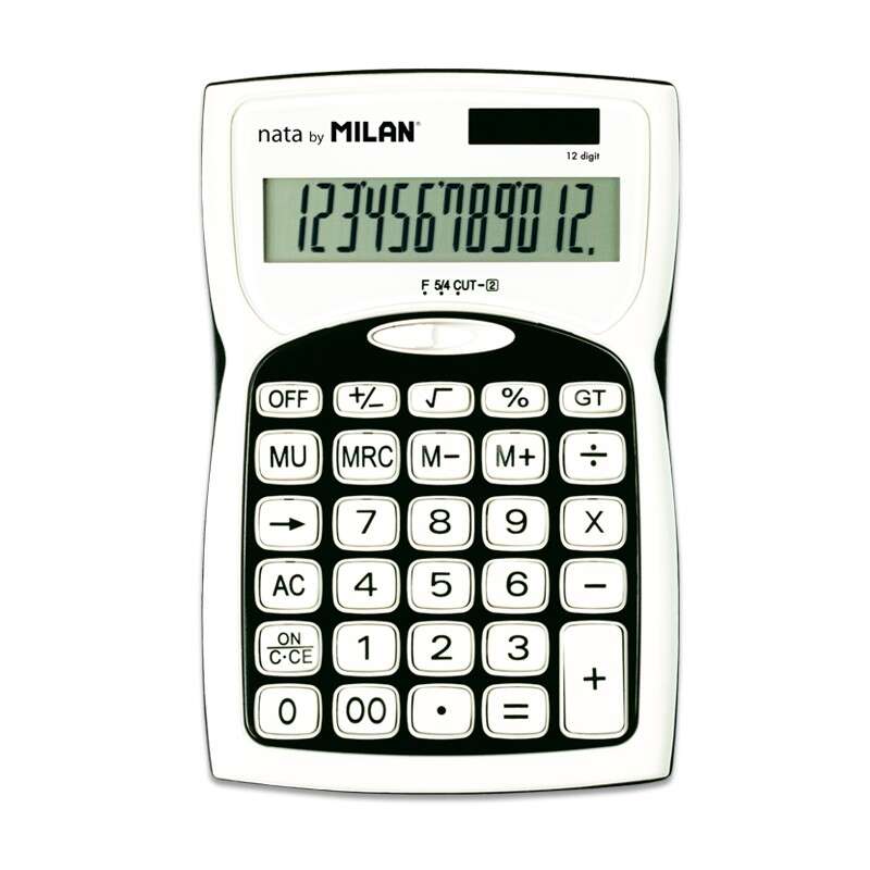 Milan Calculadoras de 12 Digitos - 3 Teclas de Memoria - Raiz Cuadrada - Calculo de Margenes - Tecla de Apagado - Color Blanco y Negro