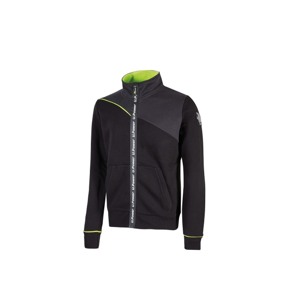 Upower Uranus Sudadera sin Capucha con Cremallera Central - Talla 2XL - a Prueba de Agua, Puños y Fondo Acanalado Elastico, Insertos en Piping Fluo, Proteccion DPI1 - Color Negro Carbon