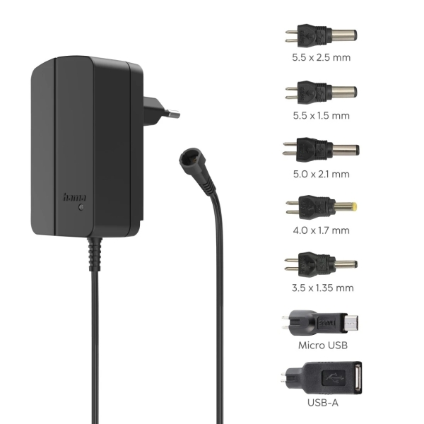 Hama Fuente de Alimentacion Multidispositivo - Potencia 18W - Voltaje 12V - Indicador LED - 7 Adaptadores - Intensidad Maxima 1.5A - Voltaje Ajustable - Color Negro