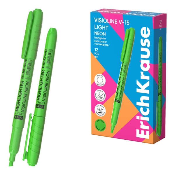 ErichKrause Visioline V-15 Light Neon Marcador Fluorescente - Punta Biselada - Trazo de 0.6 a 3.5mm - Color Verde · Pack de 12 uds.