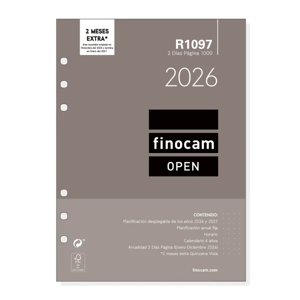 Finocam R1097 Recambio Anual 2026 para Agendas Open 2026 - Formato 1000 - 155x11x215mm - 2 Dias por Pagina - Color Blanco