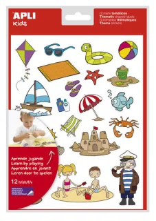 Apli Gomets Tematicos la Playa - 264 Gomets en 12 Hojas - Ilustraciones de Animales y Objetos de la Playa - Adhesivo Removible - Ideal para Escuelas - Adhesivo Base Agua - Libre de Disolvent