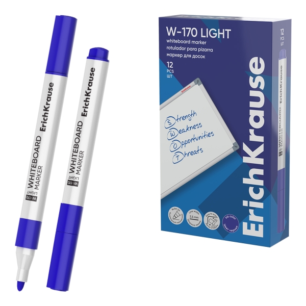 ErichKrause W-170 light Rotulador para Pizarra Blanca - Facil de Borrar - Punta Conica - Trazo de 2.5mm - Secado Rapido - Cuerpo Triangular - Color Azul · Pack de 12 uds.