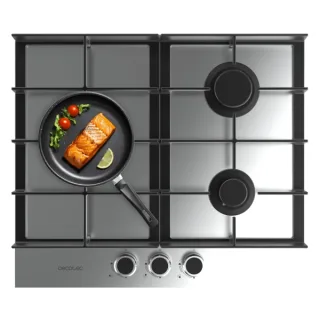 Cecotec Bolero Squad G 3400F Inox Cocina de Gas Encastrable - 3 Quemadores - Acero Inoxidable - 6.2kW - Parrillas de Hierro Fundido - Wok de Triple Corona - Color Acero