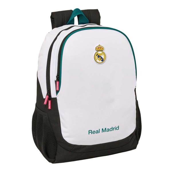 Safta Real Madrid Equipacion 26/27 Mochila - 23L - Adaptable a Carro - Hombreras y Espalda Acolchada - Portabotellas - Cremallera con Doble Tirador - Asa de Mano - 32x44x16cm - Color Blanco y Negro