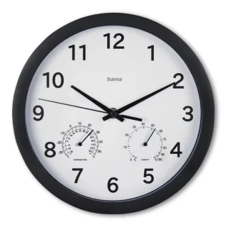 Hama Malta Reloj de Pared Analogico - Termometro - Higrometro - Silencioso - Funciona con 1 Pila AA - 25x4cm - Color Negro