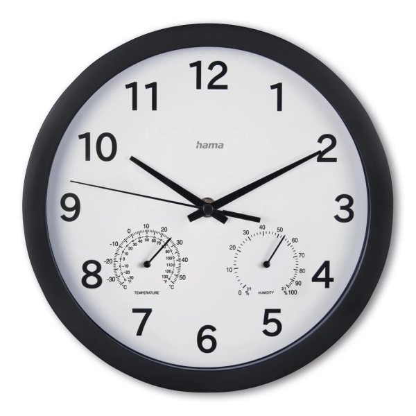 Hama Malta Reloj de Pared Analogico - Termometro - Higrometro - Silencioso - Funciona con 1 Pila AA - 25x4cm - Color Negro
