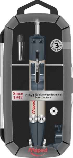 Maped Nº421 Since 1947 Compas Bigotera Tecnica Rapida - Diametro Maximo 34cm - Fabricado en Metal - Incluye Adaptador y Estuche de Minas