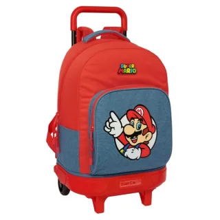 Safta Super Mario Mochila con Carro - Extraible - 33L - Portabotellas - Tarjeta de Identificacion Personal - Cremallera con Doble Tirador - Asa - Bolsillo Frontal - 33x45x22cm - Color Rojo y