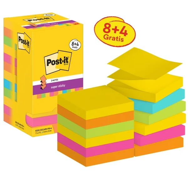 Post-It Super Sticky Pack de 12 Blocs de 90 Notas Adhesivas Reposicionables - Forma Cuadrada - 76x76mm - en Zig-Zag - Colores Surtidos