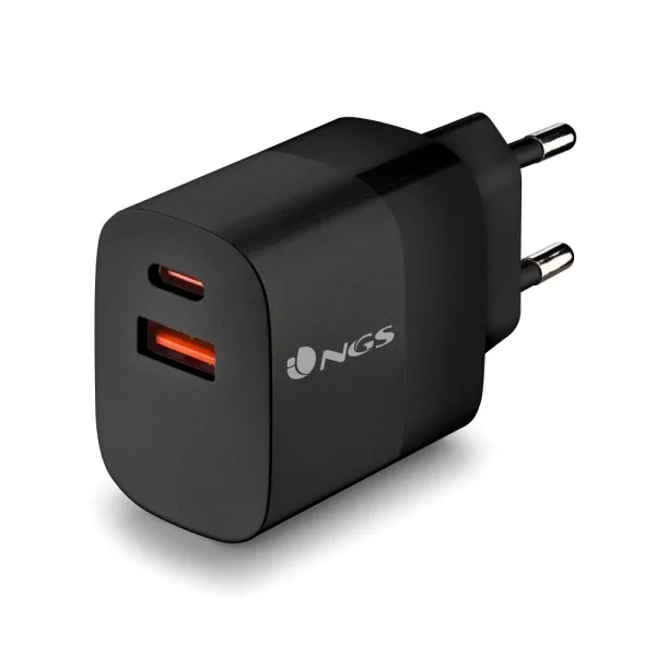 NGS Bud 45W Cargador GaN Universal de Pared 45W Ultrarapido - 1x USB-C PD & PPS, 1x USB-A QC 3.0 - Color Negro