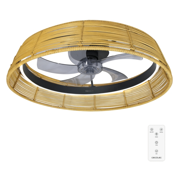 Cecotec EnergySilence LampAero 600 Natural Design Ventilador de Techo con 5 Aspas y Luz - 20W - Tulipa de Mimbre - 3 Tonos LED - Temporizador - 6 Velocidades - Modo Invierno - Color Madera Claro