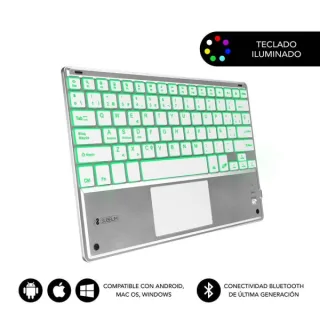 Subblim Teclado Retroiluminado Ultrafino SMART BT - TouchPad - Iluminación Hasta 7 Colores Ajustables - Bluetooth 3.0 - Autonomia 30 dias - Color Plata