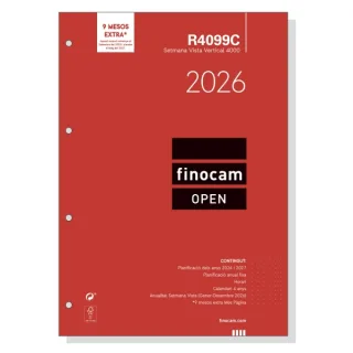 Finocam R4099C Recambio Anual 2026 para Agendas Open 2026 en Catalan - Formato A4 - 210x6x297mm - Semana Vista en Vertical - Color Blanco