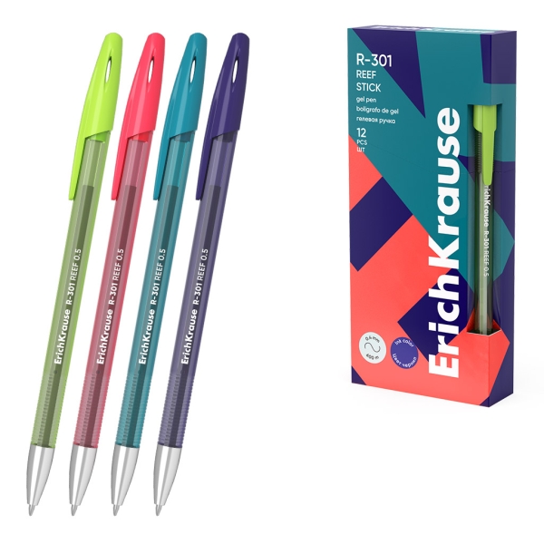 ErichKrause R-301 Gel Stick Reef Boligrafo con Capuchon - Modelos Surtidos - Trazo 0.4mm - Tinta de Gel - Resistente al Agua - Secado Rapido - Tapa Ventilada - Color Azul · Pack de 12 uds.