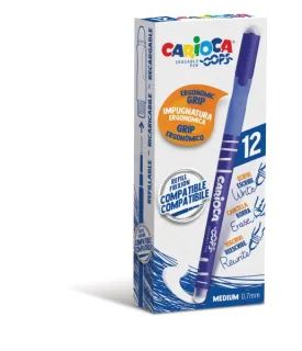 Carioca Oops Boligrafos Borrables - Tinta Termo Sensible - Empuñadura Ergonomica Triangular - Punta Ø 0.7mm - Doble Goma - Recambios Compatibles - Color Azul · Pack de 12 uds.