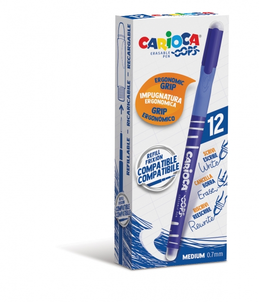 Carioca Oops Boligrafos Borrables - Tinta Termo Sensible - Empuñadura Ergonomica Triangular - Punta Ø 0.7mm - Doble Goma - Recambios Compatibles - Color Azul · Pack de 12 uds.