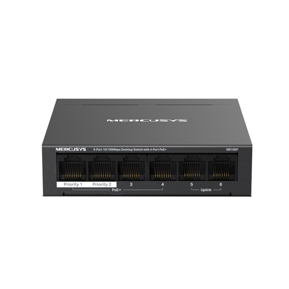 Mercusys MS106P Swtich 6 Puertos RJ45 10/100Mbps - 4 Puertos PoE+ - Color Negro