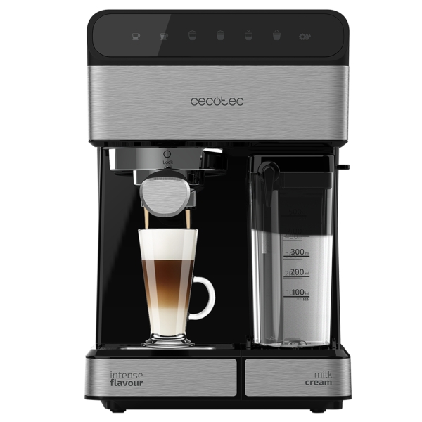 Cecotec Power Instant-Ccino 20 Touch Cafetera Espresso Semiautomatica - 1350W - Doble Salida - 20bar - Deposito de 1.4L - Tanque de Leche 500ml - Thermoblock - Calientatazas - Color Negro y