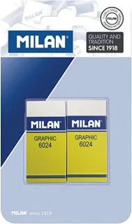 Milan Nata 6024 Graphic Pack de 2 Gomas de Borrar Rectangulares - Plastico - Faja de Carton Amarilla - No daña el Papel - Color Blanco