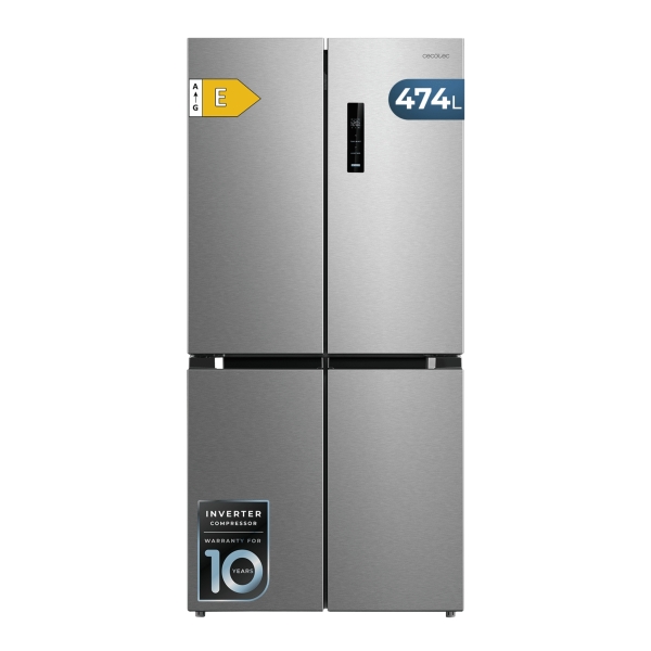Cecotec Bolero CoolMarket 4D 474 Inox E Frigorifico Americano 4 Puertas - Capacidad 474L - Silencioso 35dB - Luz LED - Compresor Inverter - Total Nofrost - Frio Envolvente - 83.3x177.5cm - C