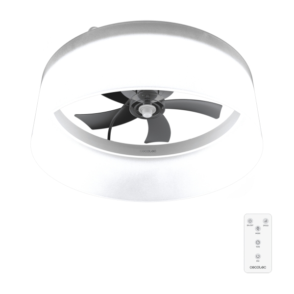 Cecotec EnergySilence LampAero 650 White Design Ventilador de Techo con Luz LED - 20W - Tulipa de Tela - 3 Tonos LED - Temporizador - 6 Velocidades - Modo Invierno - Color Blanco y Negro