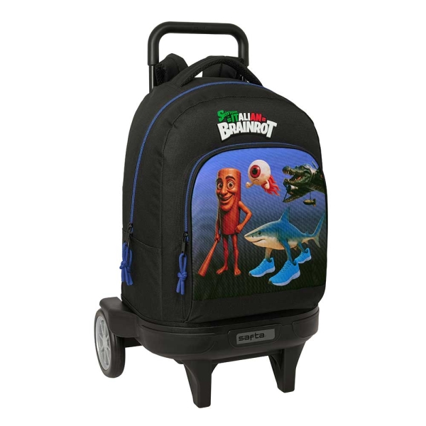 Safta Brainrot Mochila con Carro - Extraible - 33L - Portabotellas - Tarjeta de Identificacion Personal - Ruedas Antivibracion - Doble Tirador - Asa - Bolsillo Frontal - 33x45x22cm - Color Negro y Azul