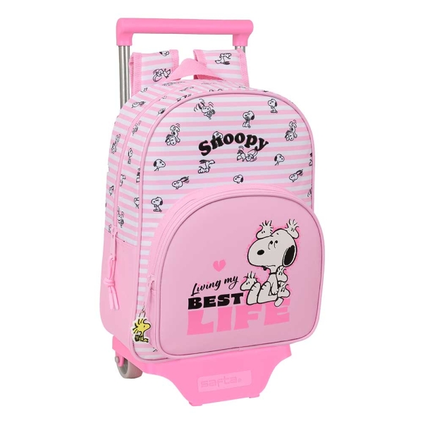 Safta Snoopy Mochila con Carro - Extraible - Portabotellas - Bolsillo Frontal - Asa de Mano - 26x34x11cm - Color Rosa