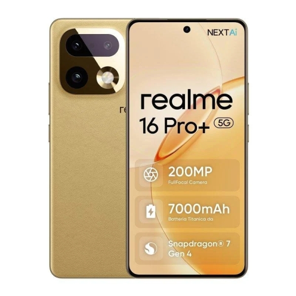 Realme 16 Pro Plus 5G Smartphone Pantalla AMOLED 6.8" 144Hz - 12GB - 512GB - Camara Triple 200MP + 50MP + 8MP - Bateria 7000 mAh - Color Dorado