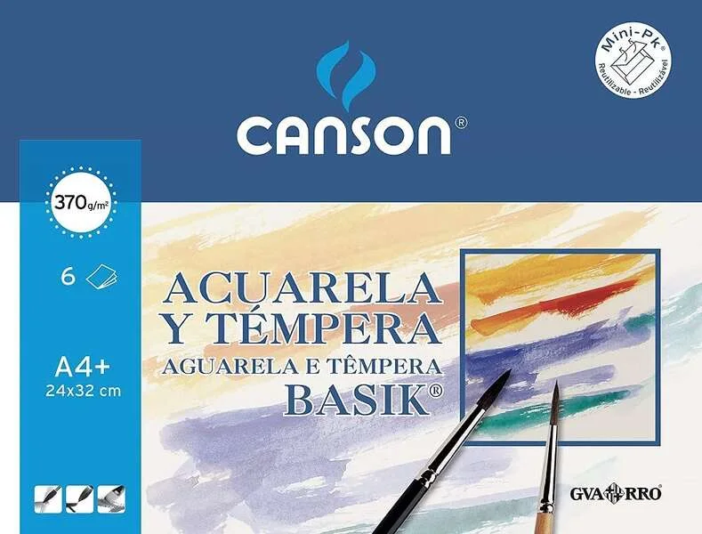Canson Acuarela Basik Minipack de 6 Hojas A4+ 370gr - Muy Bien Encolado - De grano Ligero - Color Blanco