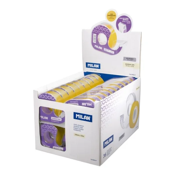 Milan Expositor de 36 Cintas Adhesivas Transparentes con Dispensador - Medidas 19mm x 33m - Color Amarillo Transparente