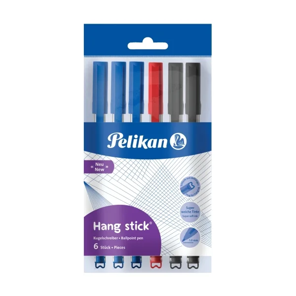 Pelikan Hang Stick Pack de 6 Boligrafos de Colores - Trazo de 1mm - Capuchon Antiasfixia - Cuerpo Triangular Ergonomico - Gancho - Tinta a Base de Aceite - Colores Surtidos