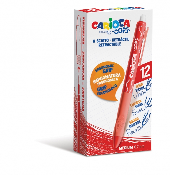 Carioca Oops Boligrafo Borrable Retractil - Tinta Termo Sensible - Empuñadura Ergonomica Triangular - Punta de Ø 0.7mm - Recambios Compatibles - Color Rojo · Pack de 12 uds.