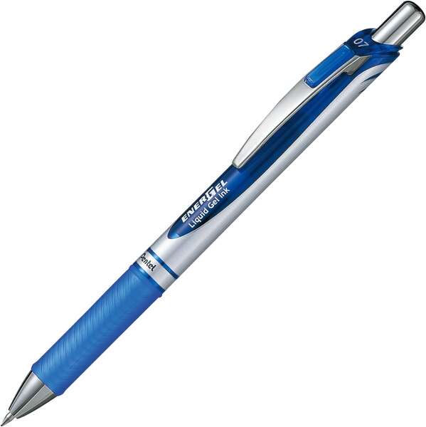 Pentel Energel Boligrafo de Bola Retractil - Punta 0.7mm - Trazo 0.35mm - Tinta Gel - Recargable - Grip de Agarre - Clip de Metal - 50% de Materiales Reciclados - Color Azul · Pack de 12 uds.