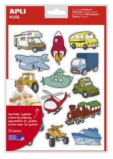 Apli Bolsa de Gomets Tematicos Transportes - 45 Gomets en 3 Hojas - Ilustraciones Divertidas para Enriquecer Vocabulario y Habilidades Motoras - Adhesivo Removible - Adhesivo Base Agua - Lib