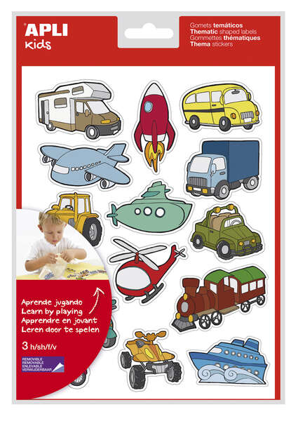 Apli Bolsa de Gomets Tematicos Transportes - 45 Gomets en 3 Hojas - Ilustraciones Divertidas para Enriquecer Vocabulario y Habilidades Motoras - Adhesivo Removible - Adhesivo Base Agua - Lib