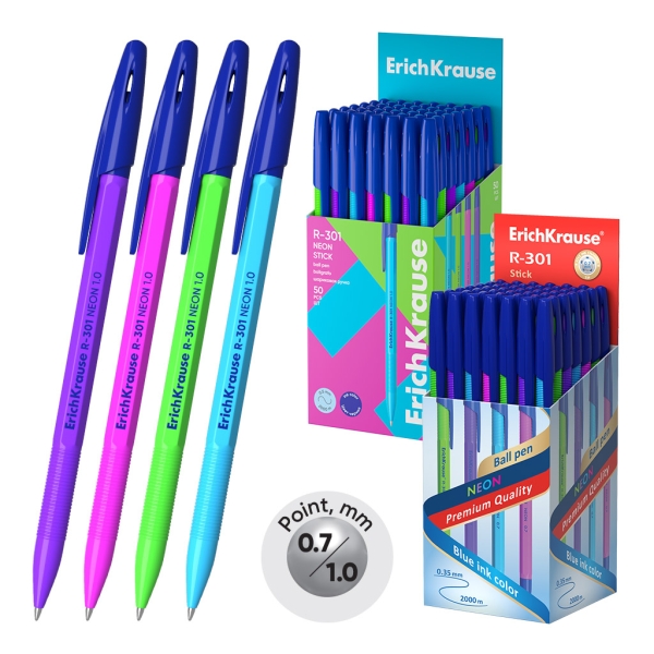 ErichKrause R-301 Stick Neon Boligrafo con Capuchon - Modelos Surtidos - Trazo 0.5mm - Tinta de Secado Rapido - Tapa Ventilada - Color Azul · Pack de 50 uds.