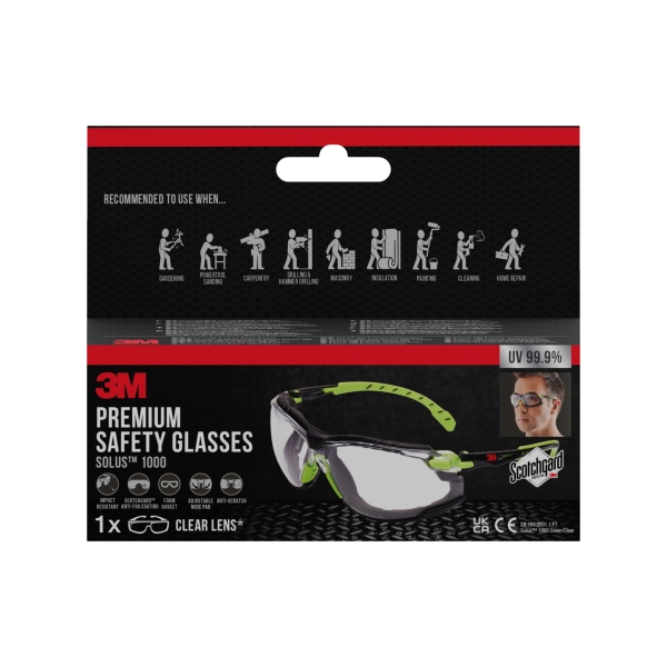 3M Solus Gafas de Seguridad - Junta de Espuma Acoplable - Lente Incolora - Revestimiento Antivaho - Antirrayaduras - Proteccion UV - Color Verde/Negro