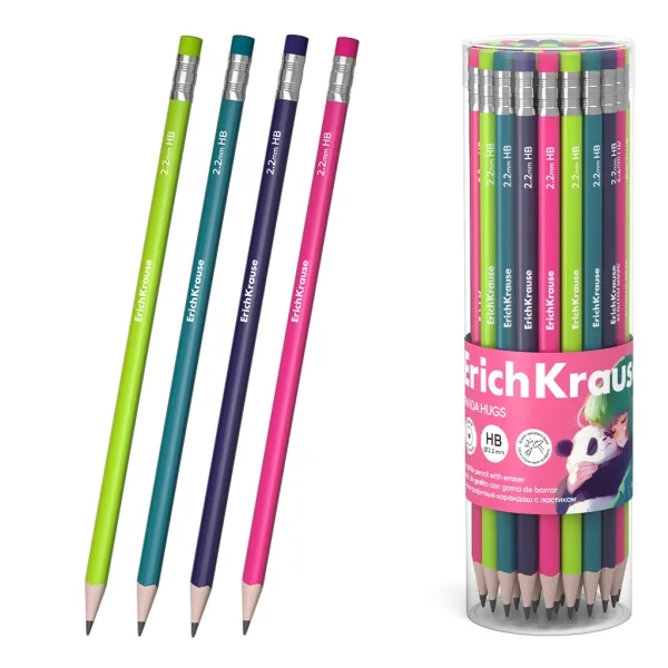 ErichKrause Panda Hugs Lapiz de Grafito con Goma de Borrar - Mina HB - Cuerpo Redondo - Agarre Ergonomico - Colores Surtidos · Pack de 42 uds.