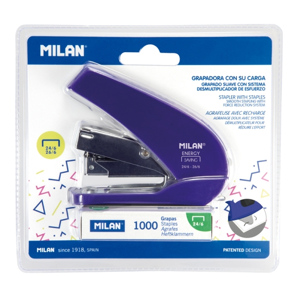 Milan Acid Energy Saving Grapadora Compacta - 1000 Grapas Incluidas - hasta 20 Hojas - Grapas 24/6 y 26/6 - Color Azul