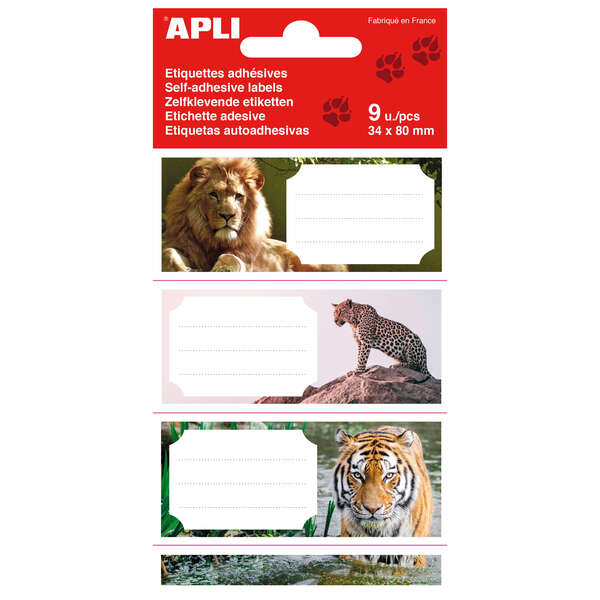 Apli Etiquetas Adhesivas Escolares Selva - Tamaño 81x36mm - 9 Etiquetas por Bolsa - Adhesivo Permanente de Alta Calidad - Diseño Selva - Color Blanco · Pack de 5 uds.