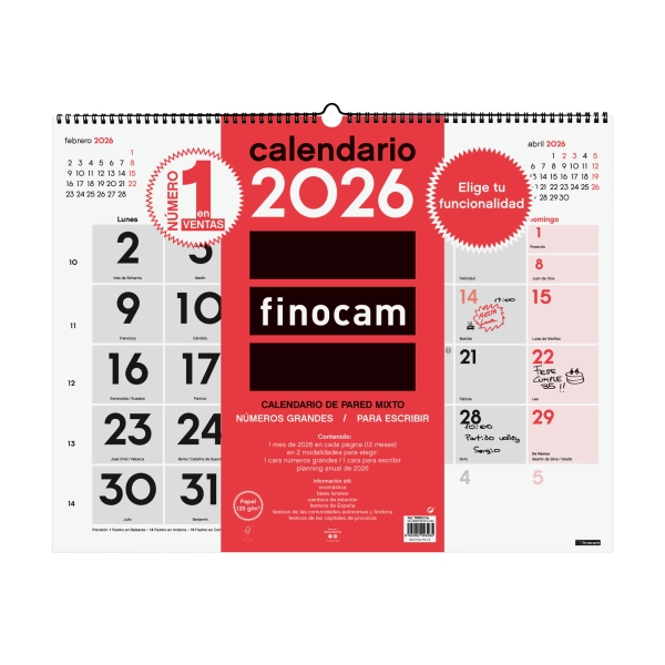 Finocam Calendario de Pared - Anual 2026 - Espacio para Escribir - Formato XL - 540x5x430mm - Numeros Grandes - Color Blanco y Rojo