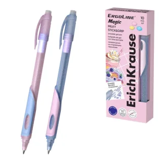 ErichKrause ErgoLine Magic Stick and Grip Milky Boligrafo Borrable - Modelos Surtidos - Trazo 0.4mm - Tinta de Gel - Resistente al Agua - Zona de Agarre de Goma - Color Azul · Pack de 10 uds