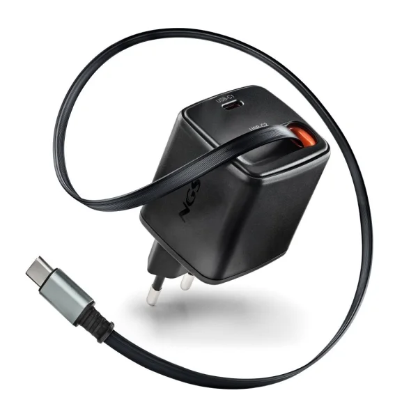 NGS Reel 65W Cargador GaN Universal de Pared 65W con Cable Retractil - 1x USB-C PD3.0 PPS - Color Negro