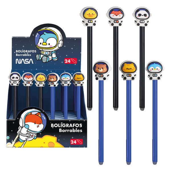 Dohe Expositor de 24 Boligrafos Borrables - Punta Bola Metalica 1mm - Trazo 0.5mm - Capuchon Decorado con Astronautas-Animales - Tinta Azul