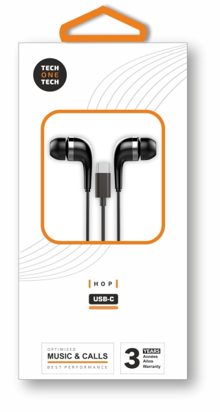 TechOneTech ear Tech Hop Auriculares Intraurales USB-C - Microfono Integrado - Cable de 1.20m - Negro