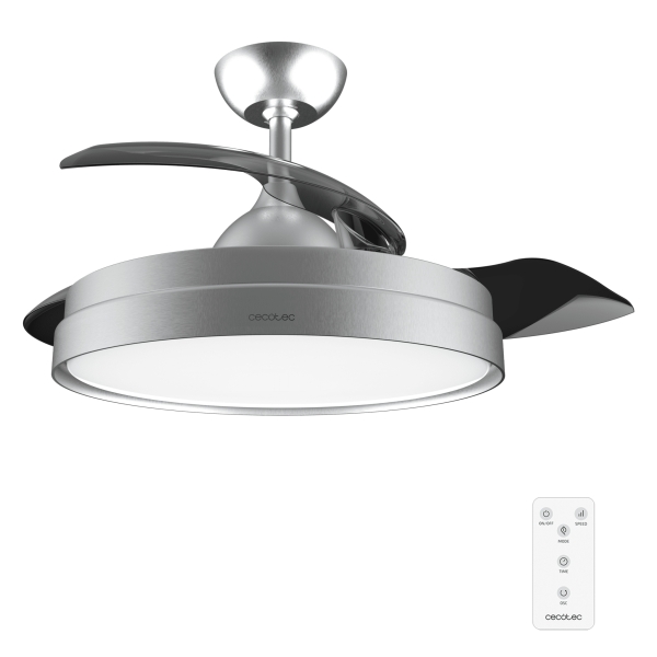 Cecotec EnergySilence Aero 4280 Invisible Steel Ventilador de Techo con Luz - 40W - Aspas Retractiles - 3 Tonos - Diametro de 42" - Modo Invierno - 6 Velocidades - Temporizador - Color Gris