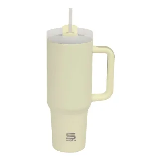 Safta Vaso con Asa Termico - Capacidad 1.2L - Pajita - Base Antideslizante - Acero Inoxidable - Doble Pared - 12h Caliente - 24h Frio - 10x26.5cm - Color Amarillo Pastel