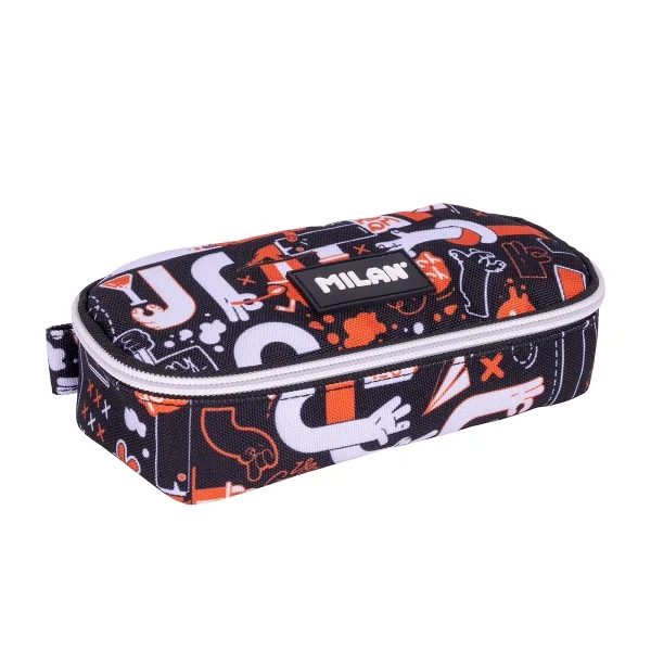 Milan Fingers Estuche Portatodo - Ovalado - Cierre con Cremallera - Malla Interior - 20.5x9x5.5cm - Color Naranja