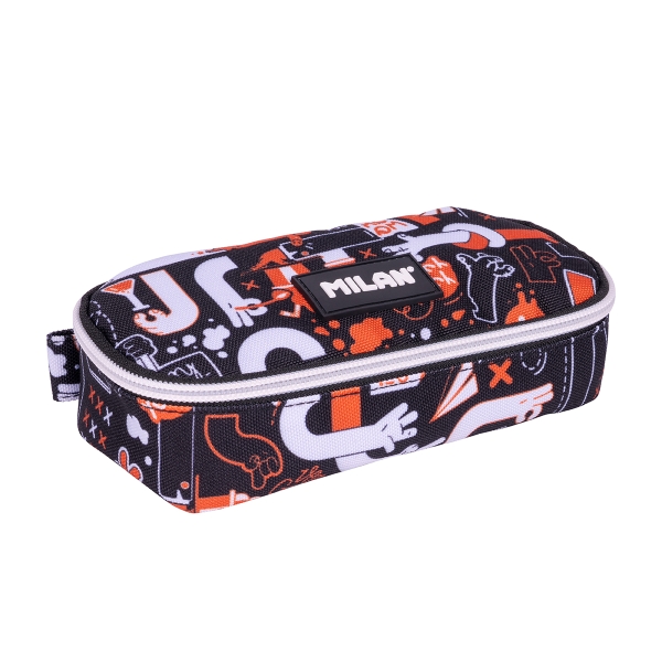 Milan Fingers Estuche Portatodo - Ovalado - Cierre con Cremallera - Malla Interior - 20.5x9x5.5cm - Color Naranja